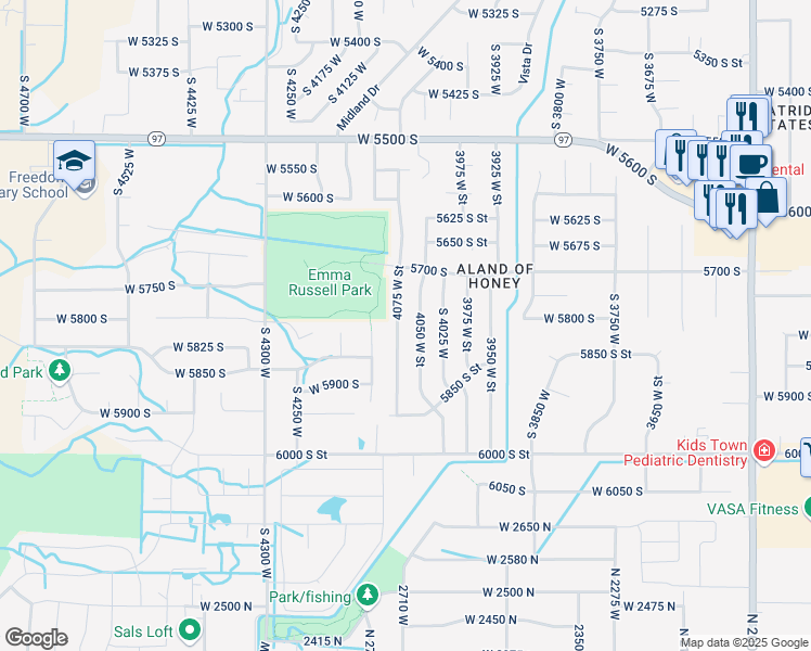 map of restaurants, bars, coffee shops, grocery stores, and more near 5756 4075 West Street in Roy
