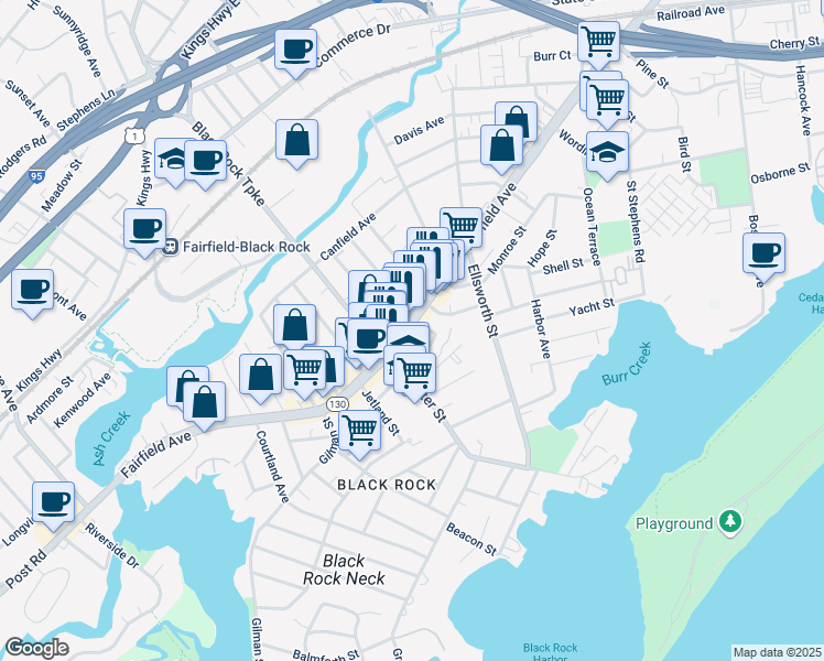 map of restaurants, bars, coffee shops, grocery stores, and more near 2742 Fairfield Avenue in Bridgeport
