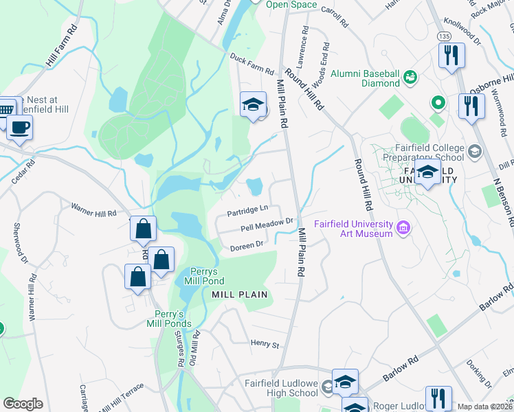 map of restaurants, bars, coffee shops, grocery stores, and more near 150 Robert Lane in Fairfield