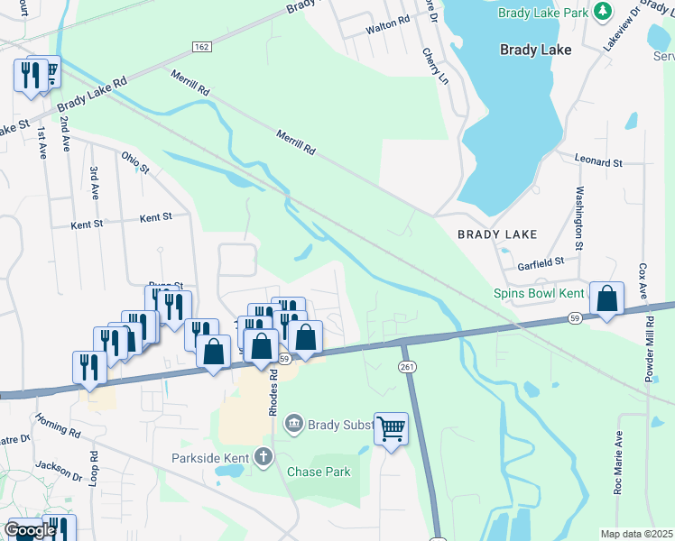map of restaurants, bars, coffee shops, grocery stores, and more near 1911 Ohio 59 in Kent