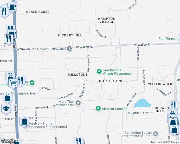 map of restaurants, bars, coffee shops, grocery stores, and more near 8514 Medallion Run in Fort Wayne