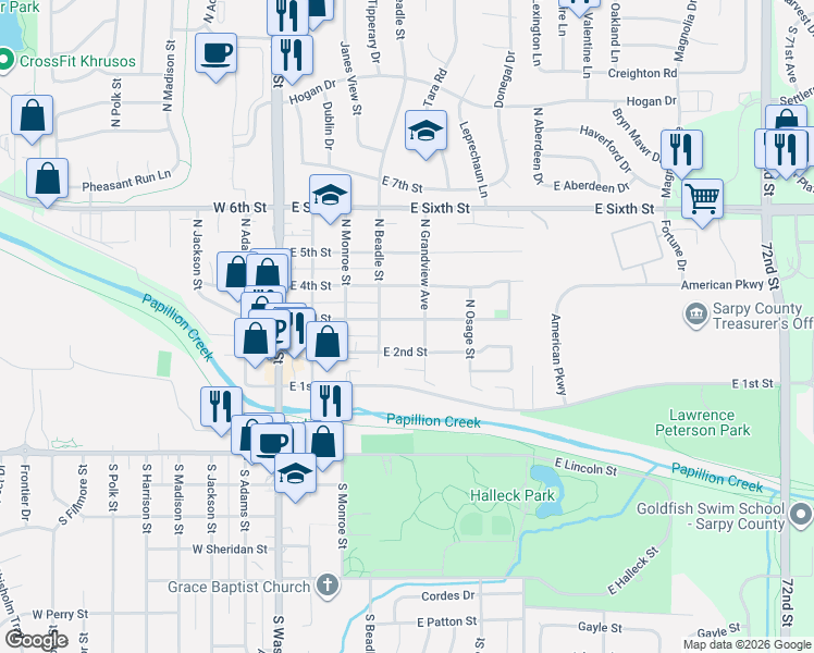 map of restaurants, bars, coffee shops, grocery stores, and more near 448 East 3rd Street in Papillion