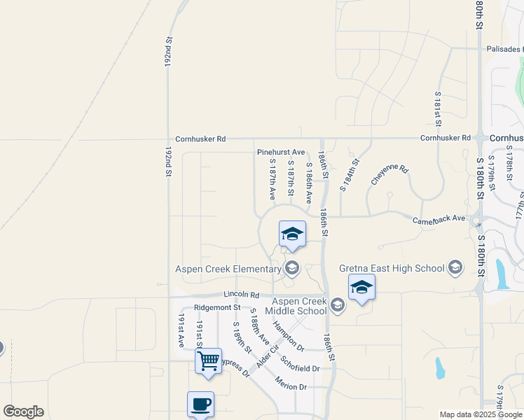 map of restaurants, bars, coffee shops, grocery stores, and more near 10206 South 188th Street in Gretna