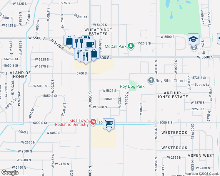 map of restaurants, bars, coffee shops, grocery stores, and more near 3418 5825 South in Roy