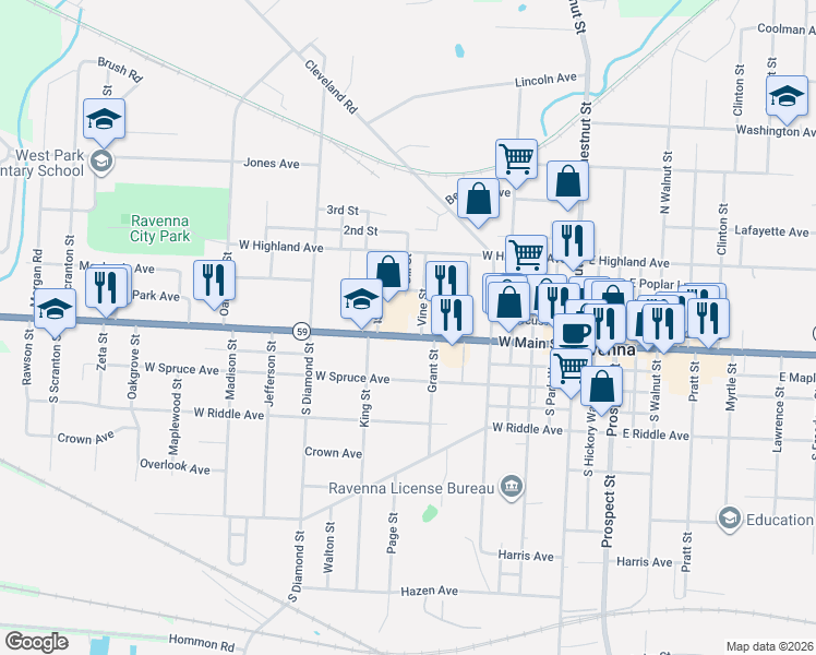 map of restaurants, bars, coffee shops, grocery stores, and more near 108 Vine Street in Ravenna