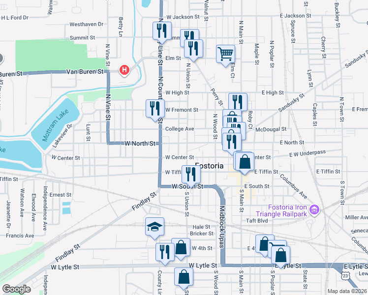 map of restaurants, bars, coffee shops, grocery stores, and more near 315 West North Street in Fostoria