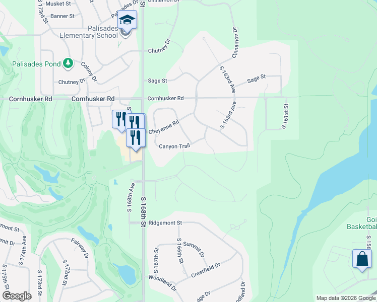 map of restaurants, bars, coffee shops, grocery stores, and more near 16513 Longbow Loop in Omaha
