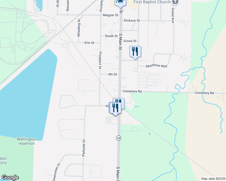 map of restaurants, bars, coffee shops, grocery stores, and more near 430 South Main Street in Wellington