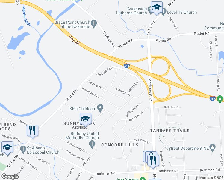 map of restaurants, bars, coffee shops, grocery stores, and more near 5415 Renfrew Drive in Fort Wayne