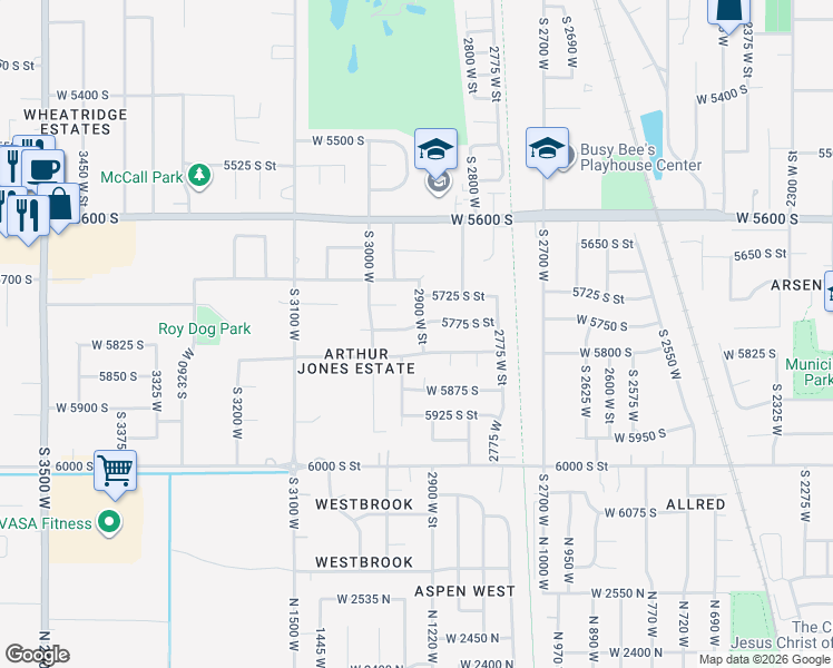 map of restaurants, bars, coffee shops, grocery stores, and more near 2907 5775 South Street in Roy