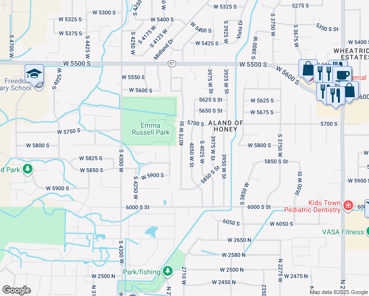map of restaurants, bars, coffee shops, grocery stores, and more near 5756 4075 West Street in Roy
