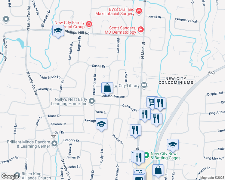 map of restaurants, bars, coffee shops, grocery stores, and more near 6 Yale Drive in New City