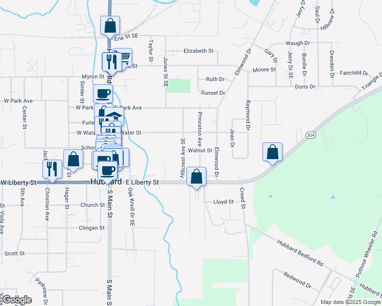 map of restaurants, bars, coffee shops, grocery stores, and more near 139 Hillcrest Avenue Southeast in Hubbard