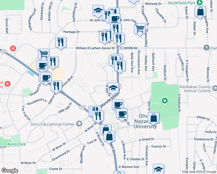 map of restaurants, bars, coffee shops, grocery stores, and more near 159 North Convent Street in Bourbonnais