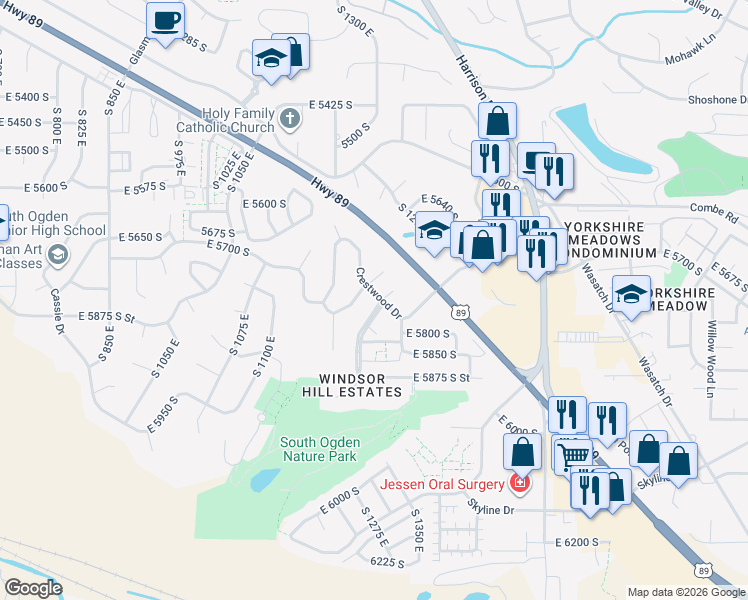 map of restaurants, bars, coffee shops, grocery stores, and more near 5729 Main Point Boulevard in Ogden