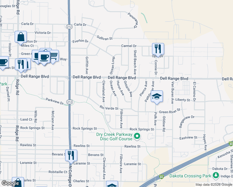 map of restaurants, bars, coffee shops, grocery stores, and more near 4407 Huron Avenue in Cheyenne