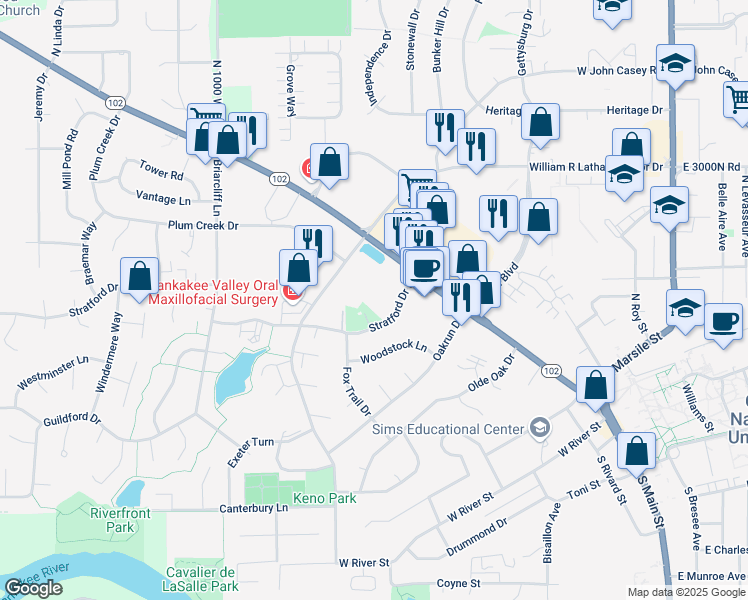 map of restaurants, bars, coffee shops, grocery stores, and more near 713 Stratford Drive East in Bourbonnais