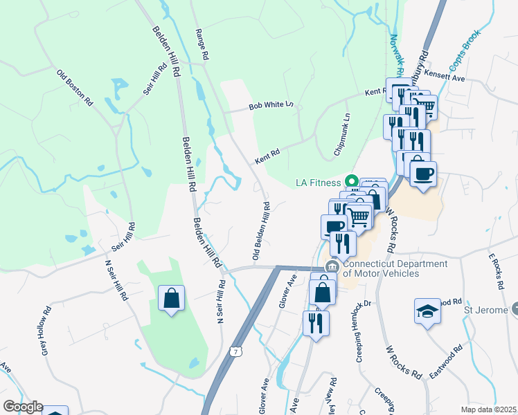 map of restaurants, bars, coffee shops, grocery stores, and more near 116 Old Belden Hill Road in Norwalk