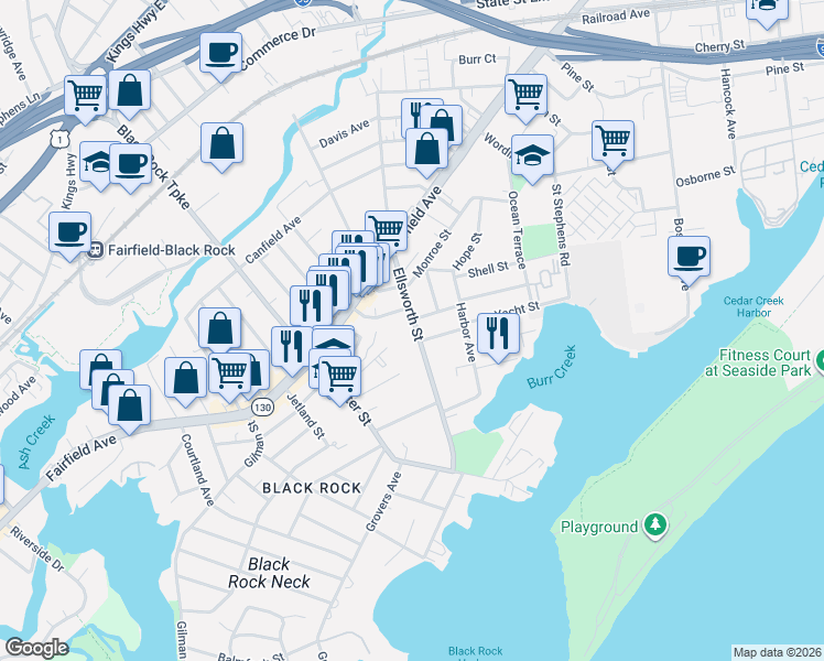map of restaurants, bars, coffee shops, grocery stores, and more near 325 Ellsworth Street in Bridgeport
