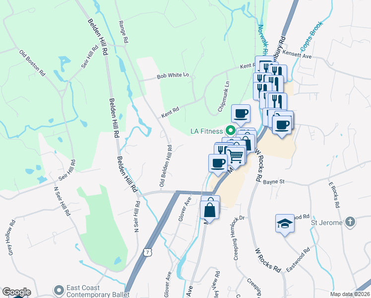 map of restaurants, bars, coffee shops, grocery stores, and more near 88 Silvermine Crossing in Norwalk