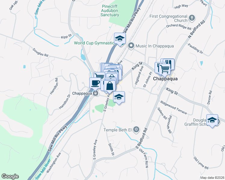 map of restaurants, bars, coffee shops, grocery stores, and more near 26 South Greeley Avenue in Chappaqua