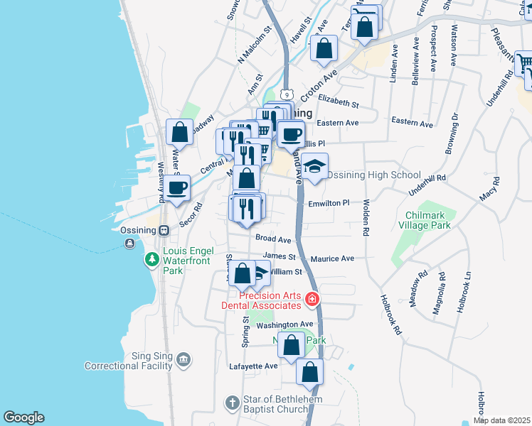 map of restaurants, bars, coffee shops, grocery stores, and more near 10 Croton Street in Ossining