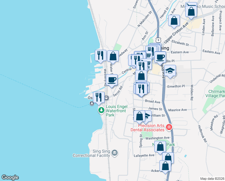 map of restaurants, bars, coffee shops, grocery stores, and more near in Ossining