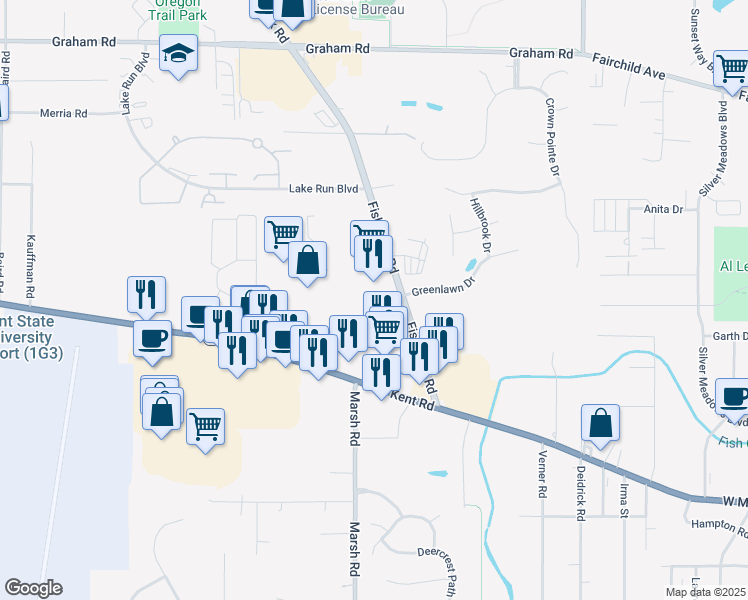 map of restaurants, bars, coffee shops, grocery stores, and more near 3768 Fishcreek Road in Stow