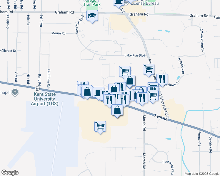 map of restaurants, bars, coffee shops, grocery stores, and more near 4285 Kent Road in Stow