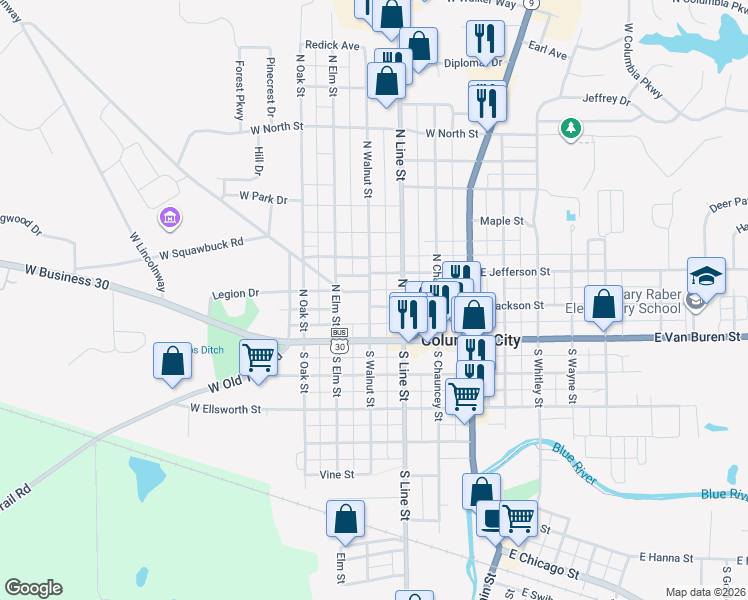map of restaurants, bars, coffee shops, grocery stores, and more near 208 North Walnut Street in Columbia City