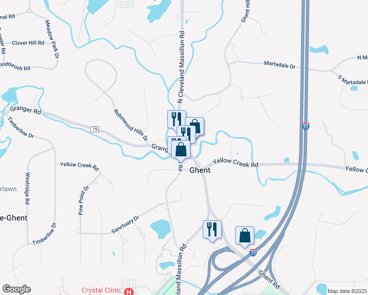 map of restaurants, bars, coffee shops, grocery stores, and more near 3653 Yellow Creek Road in Akron