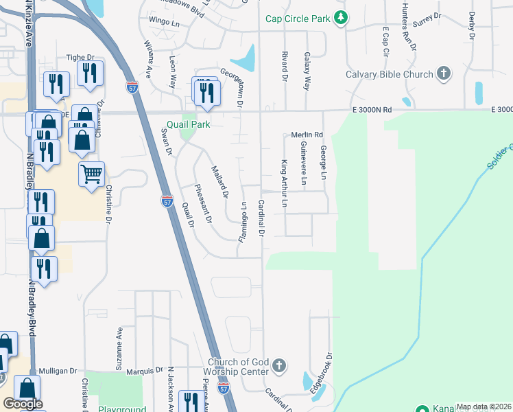 map of restaurants, bars, coffee shops, grocery stores, and more near 1057 North 2000E Road in Bradley