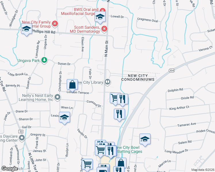 map of restaurants, bars, coffee shops, grocery stores, and more near 220 North Main Street in New City