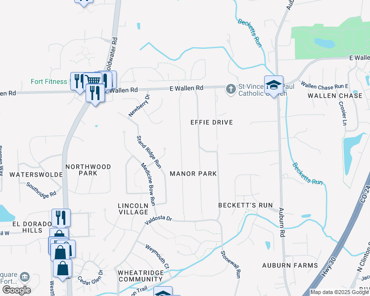 map of restaurants, bars, coffee shops, grocery stores, and more near 8430 Manor Drive in Fort Wayne
