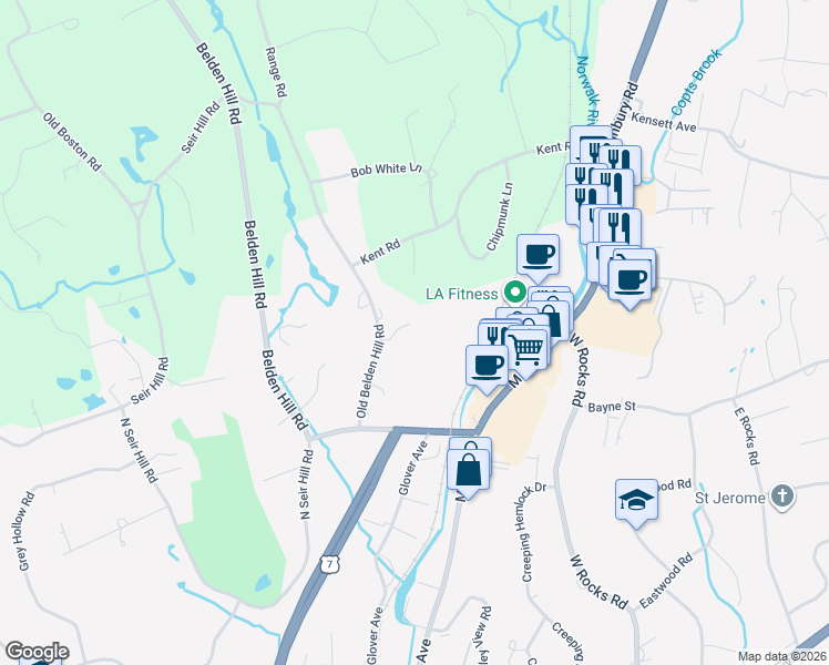 map of restaurants, bars, coffee shops, grocery stores, and more near 88 Silvermine Crossing in Norwalk