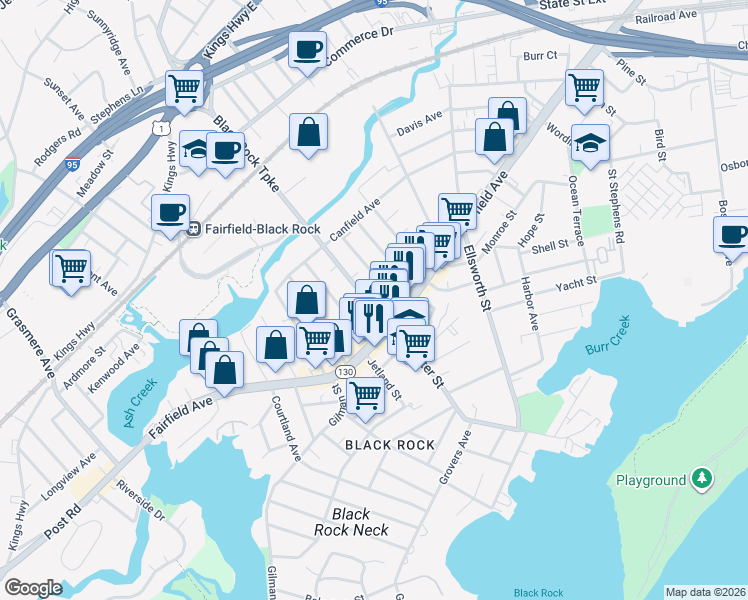 map of restaurants, bars, coffee shops, grocery stores, and more near 702 Brewster Street in Bridgeport