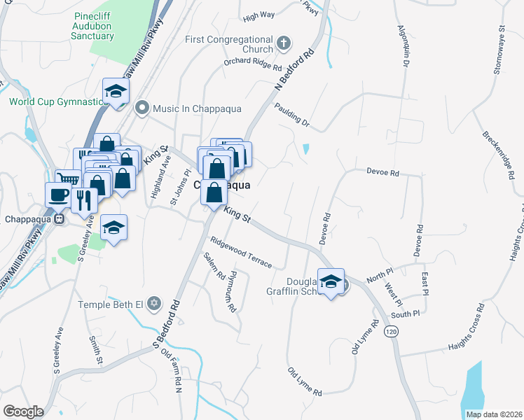 map of restaurants, bars, coffee shops, grocery stores, and more near 547 King Street in Chappaqua