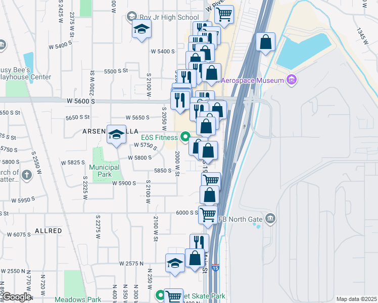 map of restaurants, bars, coffee shops, grocery stores, and more near 1951 West 5700 South in Roy