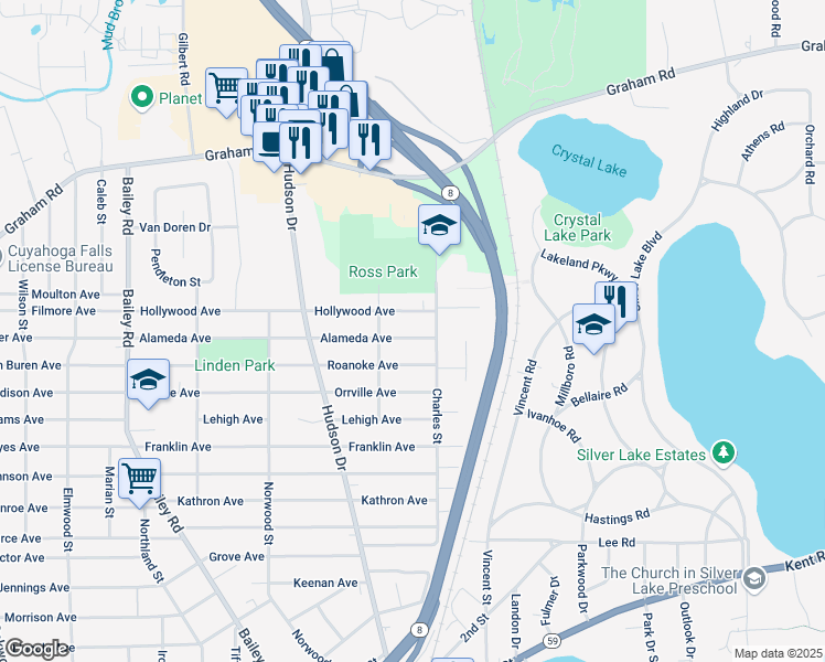 map of restaurants, bars, coffee shops, grocery stores, and more near 743 Alameda Avenue in Cuyahoga Falls