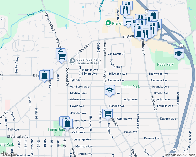 map of restaurants, bars, coffee shops, grocery stores, and more near 107 Tyler Avenue in Cuyahoga Falls