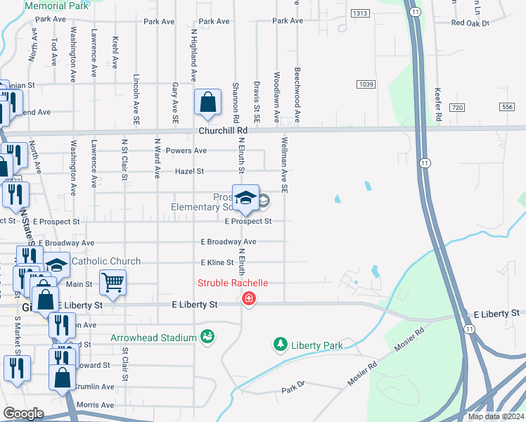 map of restaurants, bars, coffee shops, grocery stores, and more near 700 East Prospect Street in Girard