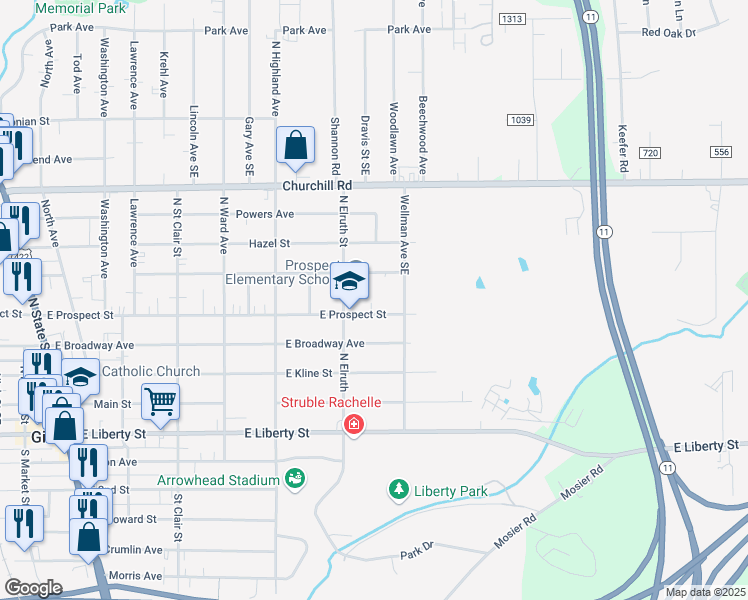 map of restaurants, bars, coffee shops, grocery stores, and more near 700 East Prospect Street in Girard