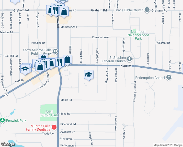 map of restaurants, bars, coffee shops, grocery stores, and more near 3512 Kent Road in Stow