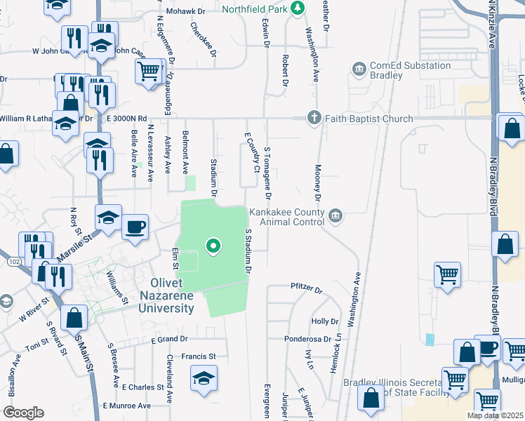map of restaurants, bars, coffee shops, grocery stores, and more near 127 North Tomagene Drive in Bourbonnais
