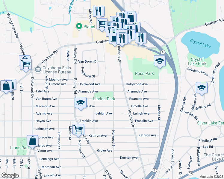 map of restaurants, bars, coffee shops, grocery stores, and more near 331 Alameda Avenue in Cuyahoga Falls