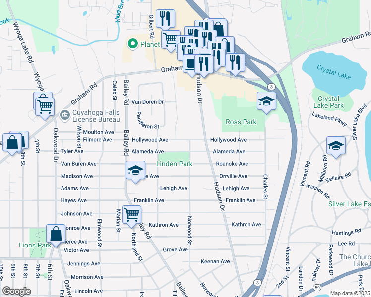 map of restaurants, bars, coffee shops, grocery stores, and more near 331 Alameda Ave in Cuyahoga Falls