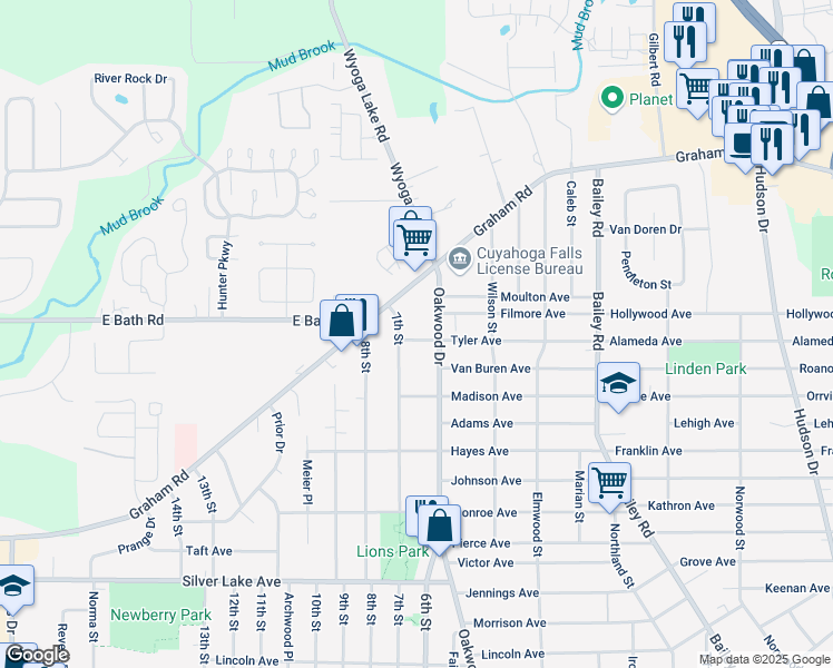map of restaurants, bars, coffee shops, grocery stores, and more near 623 Tyler Avenue in Cuyahoga Falls