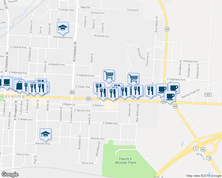 map of restaurants, bars, coffee shops, grocery stores, and more near 909 East Main Street in Ravenna