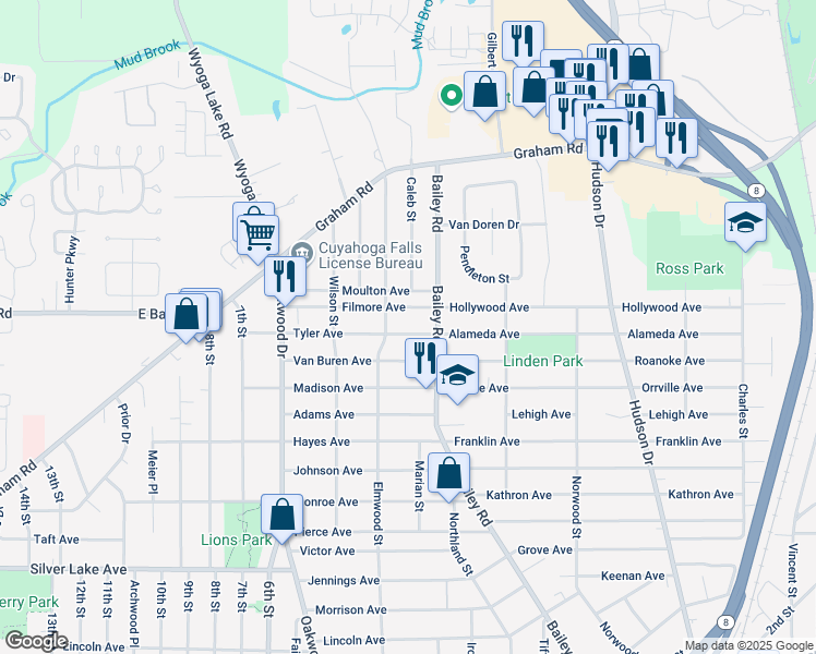 map of restaurants, bars, coffee shops, grocery stores, and more near 107 Tyler Avenue in Cuyahoga Falls