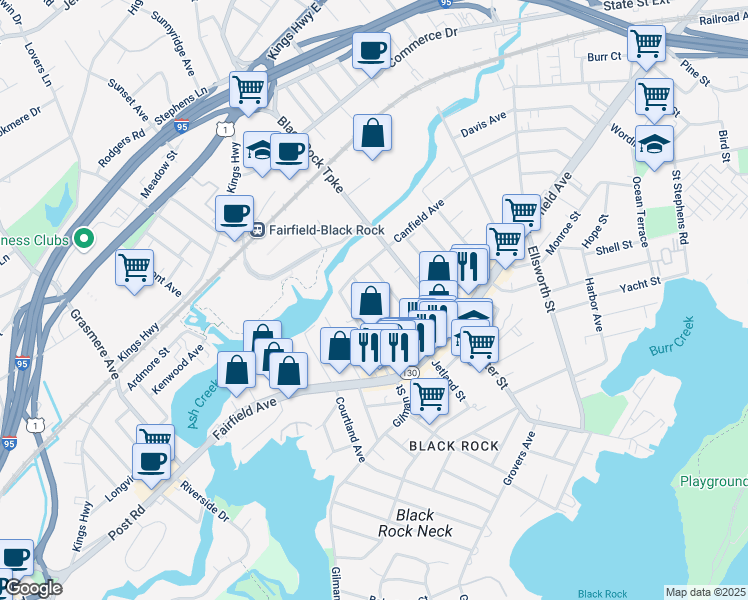 map of restaurants, bars, coffee shops, grocery stores, and more near 170 Bennett Street in Bridgeport